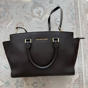 Michael Kors Dark Brown Saffiano Tote with Gold Hardware